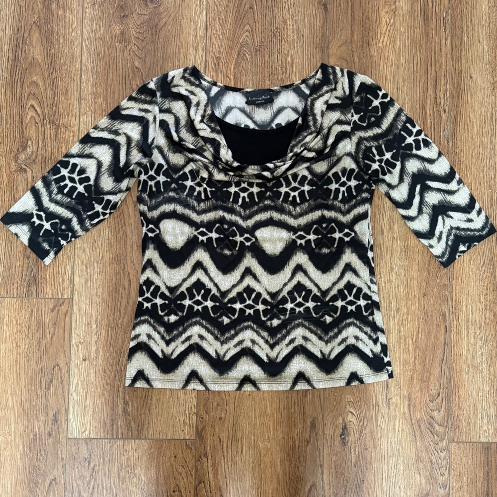 VTG Y2K Brittany‎ Black Petite Large Cowl Neck Top 3/4 Sleeve PL Black USA Made